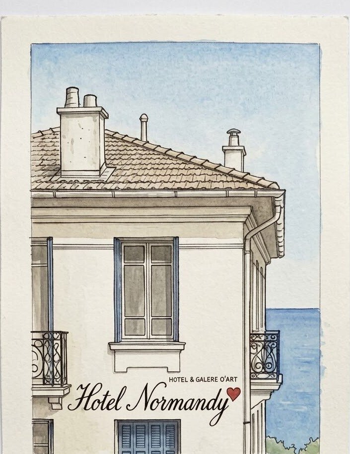 Schizzo a inchiostro e acquerello dell'angolo dell'Hotel Normandy, con il balcone e il mare sullo sfondo